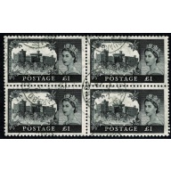 1963 £1 Black Bradbury Wilkinson. Multiple crowns watermark. SG 598a. Fine used block of four.