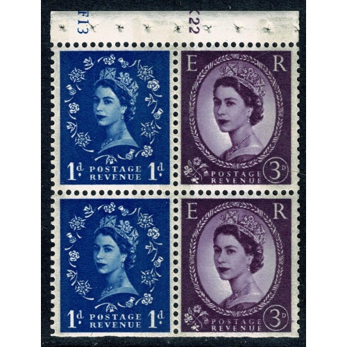 SB55 2 x 1d/3d. 2B 9.5 mm violet.. WATERMARK SIDEWAYS to left. Perf I. Cyl. F13 K22 no dot.