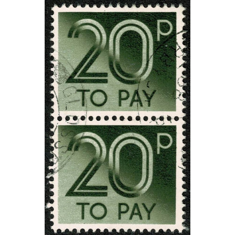 20p olive green. Fine used pair. SG D96