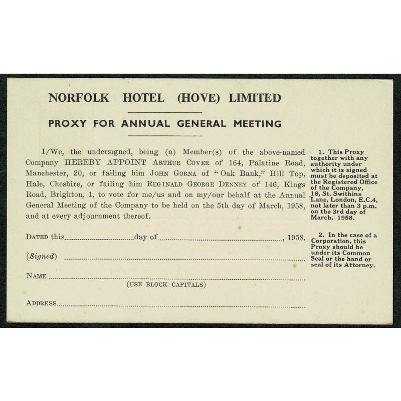 1952 2d Brown STO Postcard "NORFOLK HOTEL (HOVE) LIMITED". Proxy ballot notification. H&B CS147. Interesting social history.