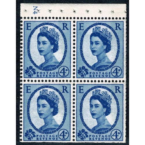 SB112a.  4 x 4d ultramarine 2B 9.5 mm violet.. WATERMARK SIDEWAYS to right. Perf I. Cyl. N4 no dot.