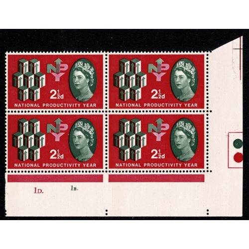 1962 N.P.Y. 2½d (phos). Cyl. 1D 1B dot block of four. PerfType A (E/I). With listed variety.