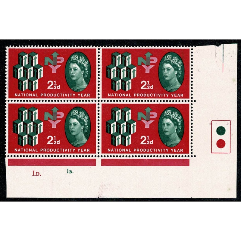 1962 N.P.Y. 2½d (ord). Cyl. 1D 1B  dot block of 4. Perf. Type A (E/I)