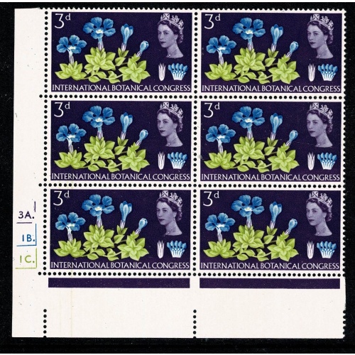 1964 Botanical Congress 3d (ord). Cylinder 3A 1B 1C dot block of six. SG 655
