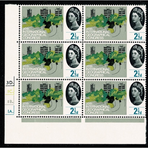 1964 Geographical Congress 2½d (ord). Cylinder 3D 1C 1B 1A dot block of six. SG 651