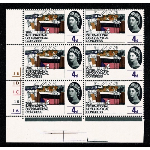 1964 Geographical Congress 4d (ord). Cylinder 1E 1D 1C 1B 1A  no dot block of six. SG 652