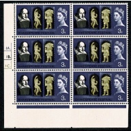 1964 Shakespeare 3d (ord). Cylinder 1A 1B 1C  dot block of six. SG 646