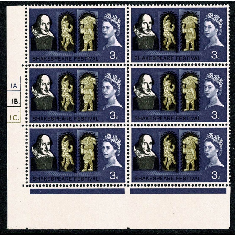 1964 Shakespeare 3d (ord). Cylinder 1A 1B 1C  dot block of six. SG 646