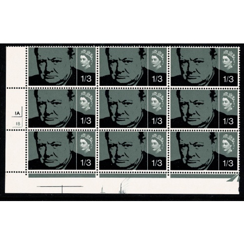 1965 Churchill 1/3 (ord). Cyl. 1A 1B no dot block of nine. SG 662