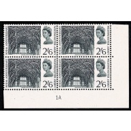 1966 Abbey (ord).  2/6. Plate 1A block of 4. Perf. Type A (E/I)