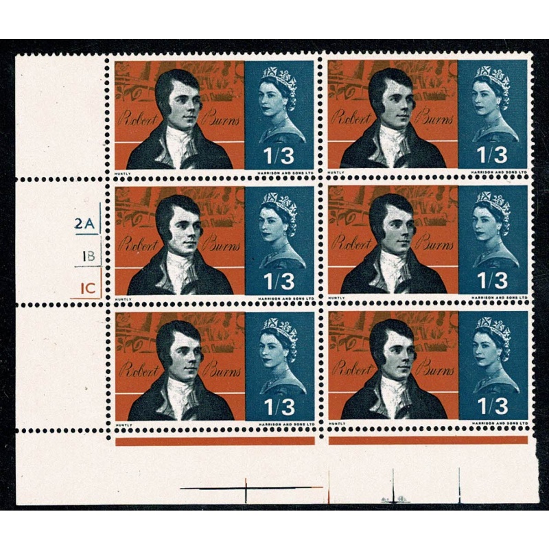 1966 Burns 1/3 (ord). Cyl. 2A 1B 1C no dot block of 6. Perf. Type F  (P/E)