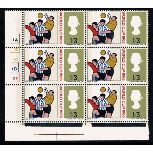 1966 World Cup 1/3 (phos). Cyl.  1A 1B 1C 1D 2E no dot block of six. With listed variety and small blue shift.