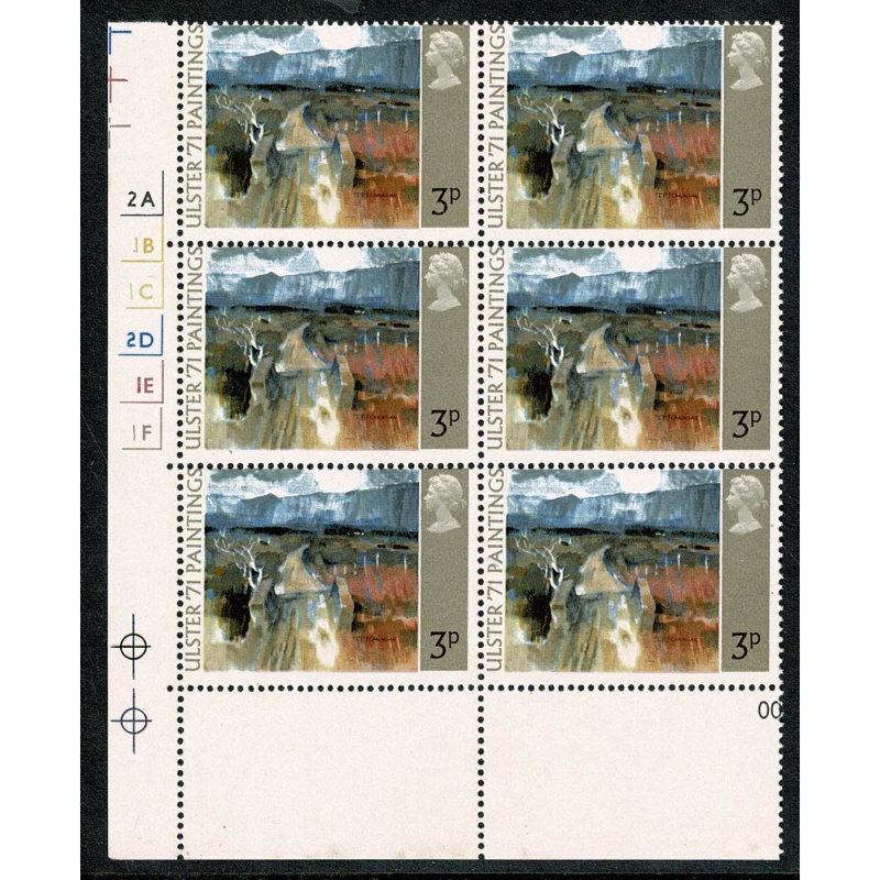 1971 "Ulster" Paintings 3p MISSING PHOSPHOR. Cylinder block of six. SG 881y