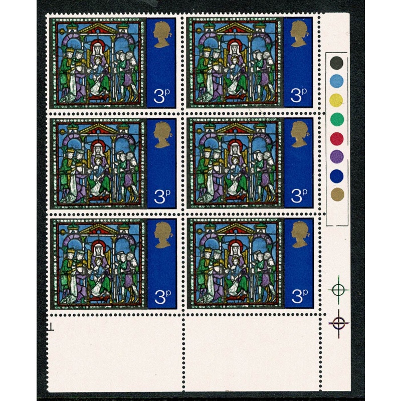 1971 Christmas 3p MISSING PHOSPHOR. Traffic light block of six. SG 895y