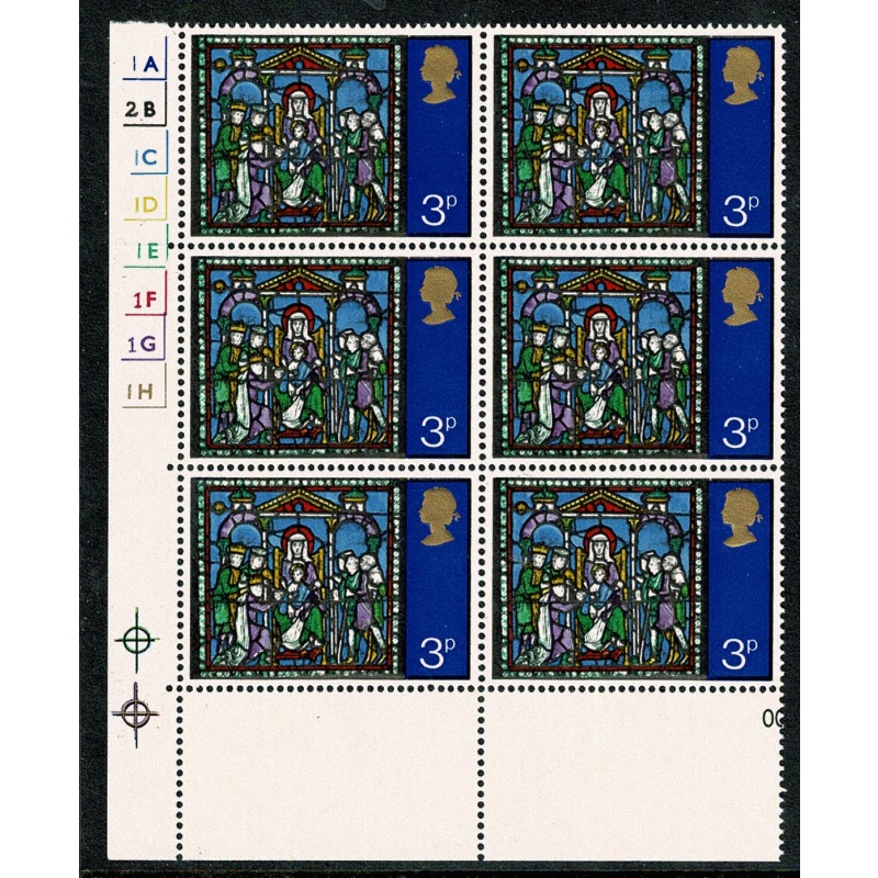 1971 Christmas 3p MISSING PHOSPHOR. Cylinder block of six. SG 895y