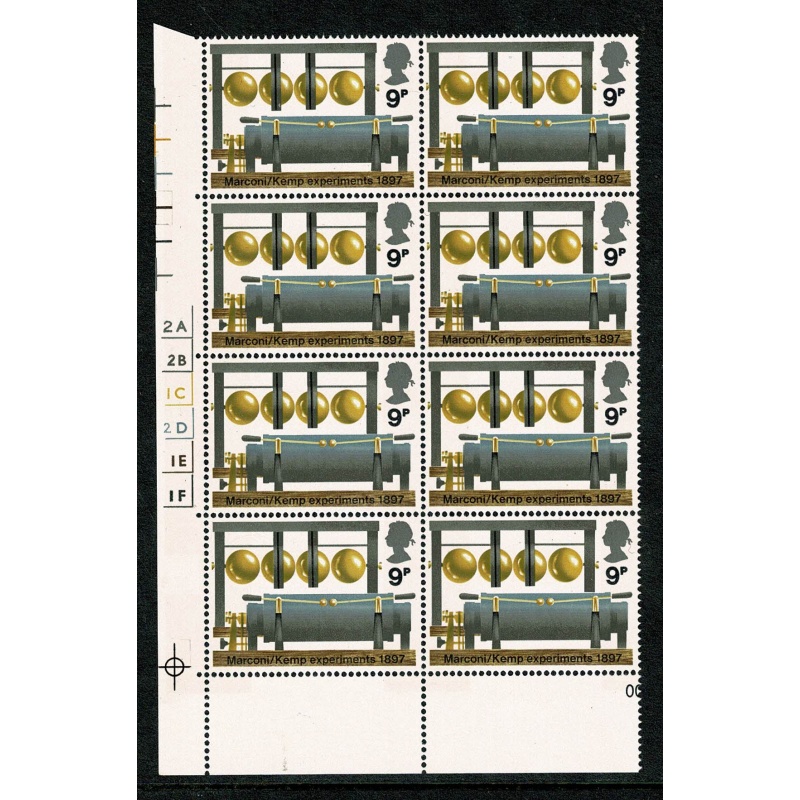 1972 BBC. 9p Cyl. 2A2B1C2D4E1F no dot block of eight. SG 912