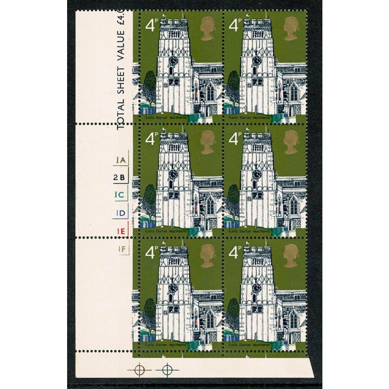 1972 Churches 4p Cyl. 1A2B1C1D1E1F no dot block of six. SG 905