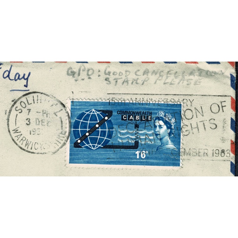 1963 COMPAC 1/6 (ord) used on First Day of Issue on Air Letter to Israel with "Human Rights" slogan cancel.