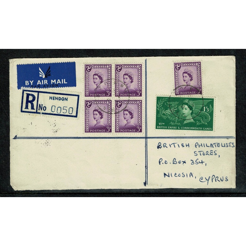 1959 Registered airmail to Cyprus with regional and commemorative combination usage.